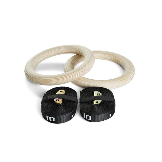 Wooden gymnastic rings for professional use.