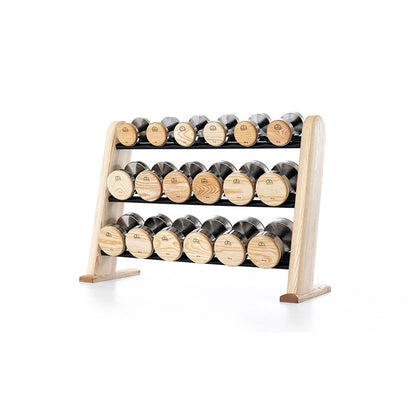Dumbbells with solid wood accent, that make your space look much better than conventional weights.